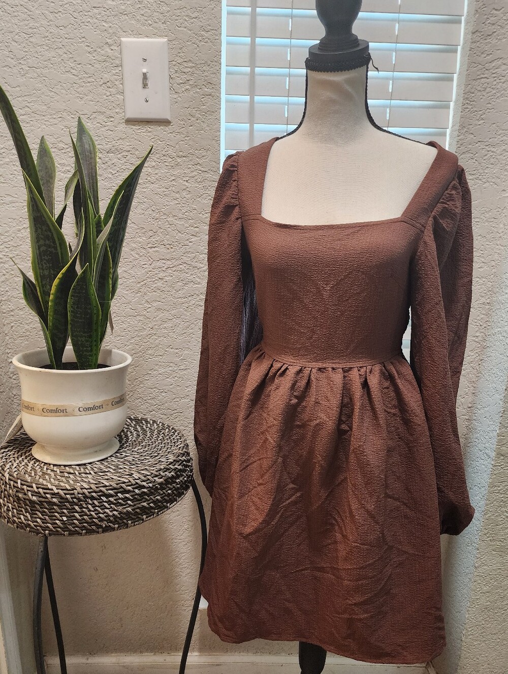 Promesa Brown Square-Neck Long Sleeve Dress
